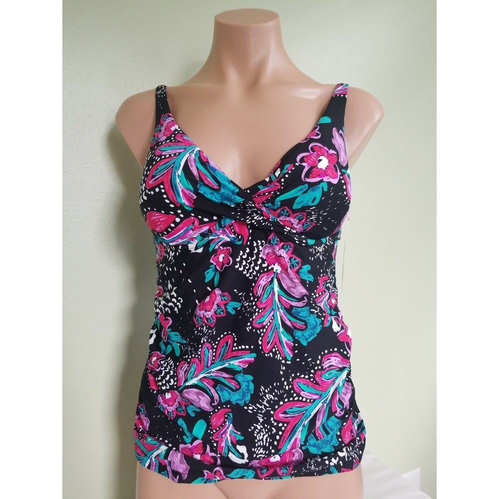 Anne Cole That's a Wrap black floral underwire tankini top 36B/34C